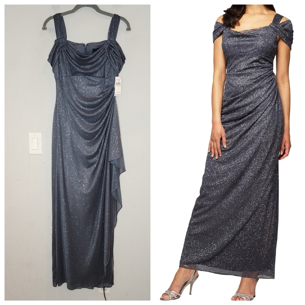 NWT Alex Evenings Grey Silver Glitter Cold Shoulder Chiffon Gown Size 4